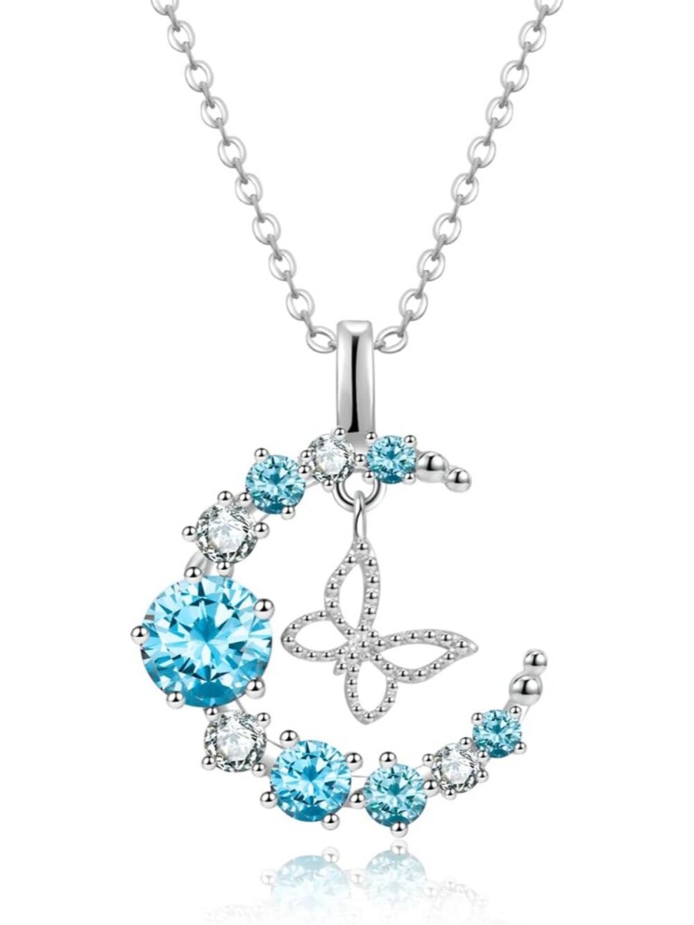 Crescent Moon and Flower Necklace for Women – Delicate Butterfly Pendant with Si